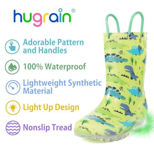HugRain Toddler Boys Rain Boots Baby Kids Light Up Printed Waterproof Shoes Rubber Garden Puddle Boots Lightweight Adorable Cute Green Dinosaur Easy-On Handles and Insole (Size 10,Green) — view 3
