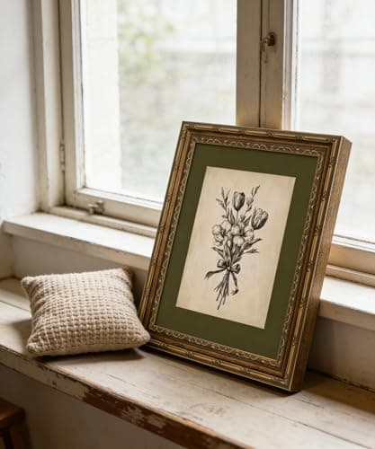 Gold Framed Wall Art Vintage Flower Sketch Wall Art Antique Sage Green Botanical Wall Decor Picture Dark Green Floral Drawing Poster Print for Bedroom Living Room 9x11in — view 2