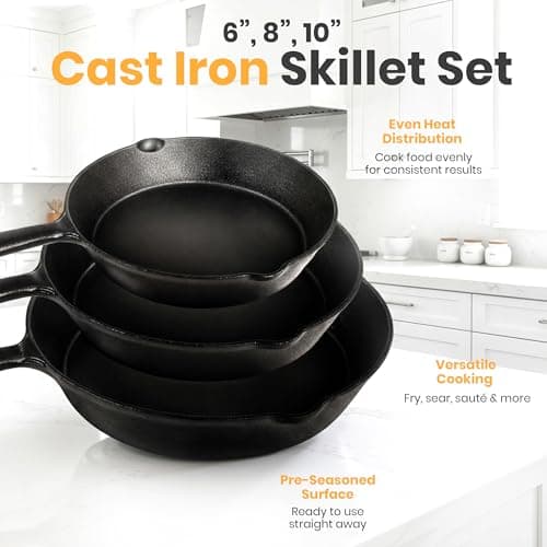 Utopia Kitchen Premium Cast iron Skillets 3 Piece Set, Chef's Pan, Pre Seasoned Frying Pan, 6, 8 & 10 Inches, PFAS-Free, Stovetop, Campfire & Grill Large Skillet, Even Heat Distribution Cast Iron Pan — view 7