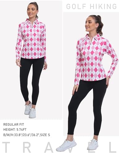 MoFiz Women's Golf Polo Shirt UPF 50+ Sun Protection Long Sleeve T-Shirt 1/4 Zip Pullover Athletic Hiking Runing Tops Pink Argyle XL — view 5