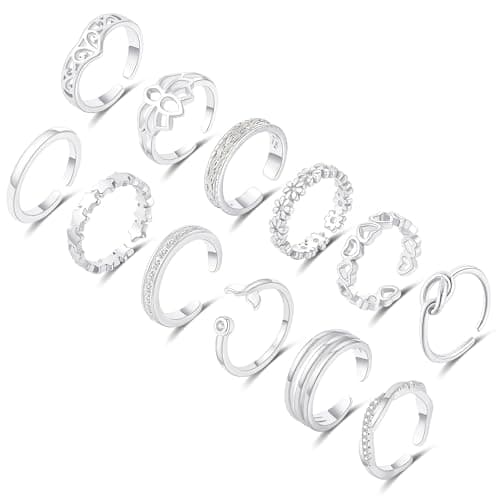 ZHESHY 12PCS 14K Gold Plated Toe Rings for Women Adjustable Silver Gold Toe Ring Set Cute Flower CZ Heart Toe Rings Band Open Beach Summer Foot Jewelry for Women