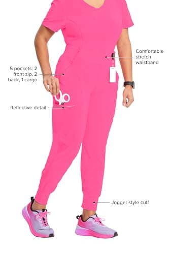 Infinity Women's Scrub Jogger Pants Mid Rise Bottoms with 5 Pockets, Moisture Wicking & 360° Stretch Fabric - CK110AP, M Petite, Carmine Pink — view 3