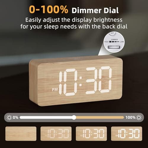 Wooden Digital Alarm Clocks for Bedrooms: Dimmable Dual Alarm Clock with Large Numbers for Bedside Desk - Bamboo — view 3