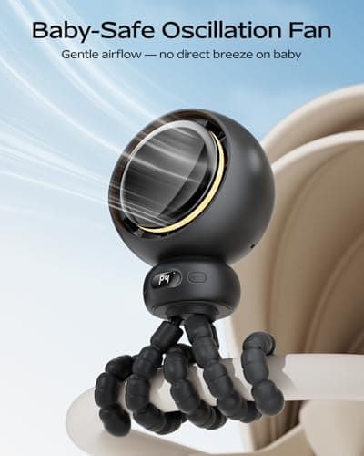 Bearwind Mini Portable Stroller Fan – 60° Auto Oscillation, Quiet USB-C Rechargeable Baby Fan, 4 Speeds, Night Light & Warning Light, Flexible Tripod for Stroller, Car Seat, Crib, Camping (Black)