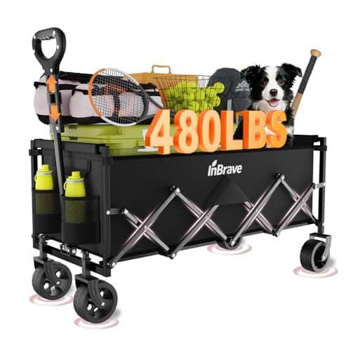 MarBreeze Extra Long Folding Wagon with Big All-Terrain Wheels, 480LBS Load Capacity Foldable Wagon, Portable Lightweight Utility Wagon for Camping, Grocery, Beach, Garden (Black)