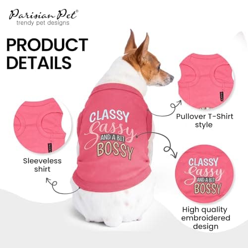 Parisian Pet Dog T-Shirt with Embroidered 'Classy, Sassy and Bit Bossy' Words - 100% Cotton, Pink Dog Shirt - Cute Pet Vest - Machine Washable Dog Clothes for Medium-Sized Dogs - M — view 2