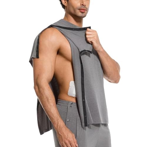 RefindWin Mens Post Shoulder Surgery Shirt Short Sleeve Tear Away Shirts Adaptive Clothing Men Chemo Port Shirts Grey M