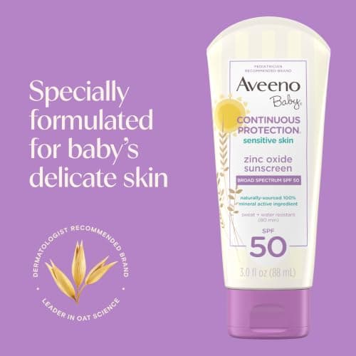 Aveeno Baby Continuous Protection Zinc Oxide SPF 50 Sunscreen for Babies with Sensitive Skin, Broad Spectrum Sun Protection, Tear-Free, Sweat- & Water-Resistant, No added Parabens, 3 Fl Oz — view 2