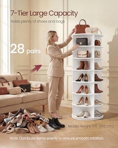 VASAGLE 7-Tier Rotating Shoe Rack Tower, Free Standing 360 Degree Spinning Shoe Organizer, Lazy Susan Bag Display Storage Rack, for Corners, Closets, Small Spaces, White ULBS047WZ01 — view 3