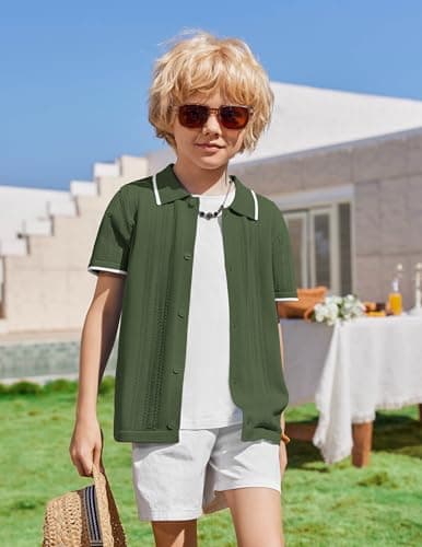Arshiner Boys Button Down Shirt Short Sleeve Knit Shirt Summer Vintage Fashion Casual Beach Shirts for Kids 3-14 Years Army Green