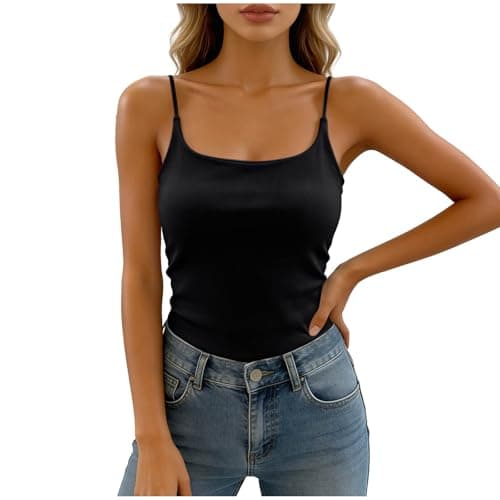 Tank Top with Built in Bra for Women Round Neck Casual Summer Workout Gym Running Cami Sleeveless Slim Fit Camisole Womens Tank TopBlack Free Size — view 4