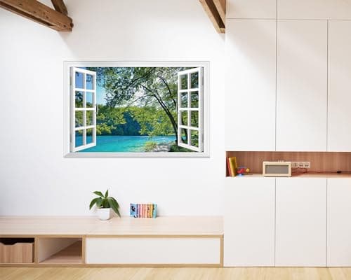 FLFK Fake Window Wall Mural - Lakes in The Jungle Faux Window Wall Sticker for Wall Decor, Stick and Peel Wall Decals,48"x32",Set of 2 Sheets — view 3