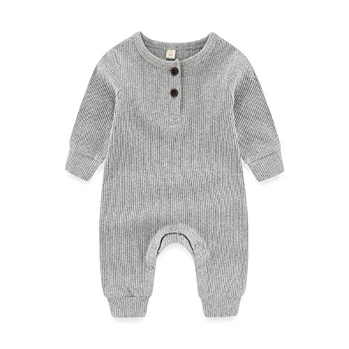 Newborn Baby Boys Girls One Piece Romper With Mitten Cuffs 3 Pack Long Sleeve Ribbed Button Jumpsuit Outfit Clothes green+blue+gray 3 months — view 3