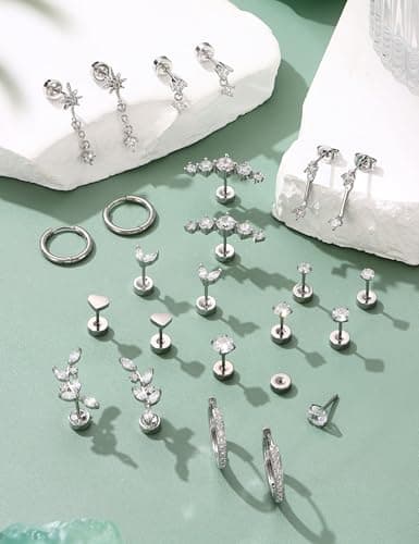 LOLIAS Hypoallergenic Flat Back Earrings Cartilage Earring Stacks - Surgical Steel Earrings for Sensitive Ears - Small Stainless Steel Flatback Stud Hoop Earring Sets for Helix Tragus Conch Daith Multiple Piercing Jewelry Trendy Silver — view 5