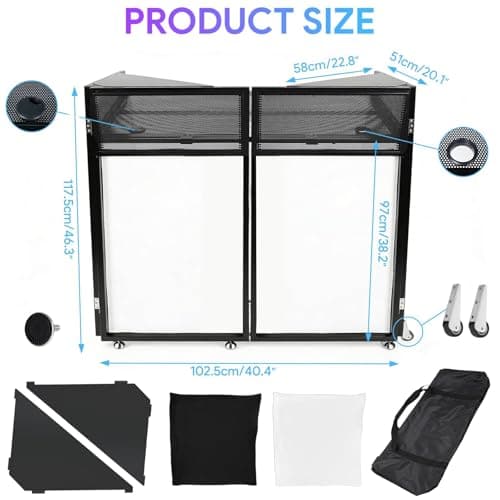 BBTEQEKN Upgraded Portable DJ Booth with Wheels, 44" x 20" DJ Stage Setup with Replaceable Black and White Scrims, Folding Portable Bar Table for Party, Wedding, Events — view 2