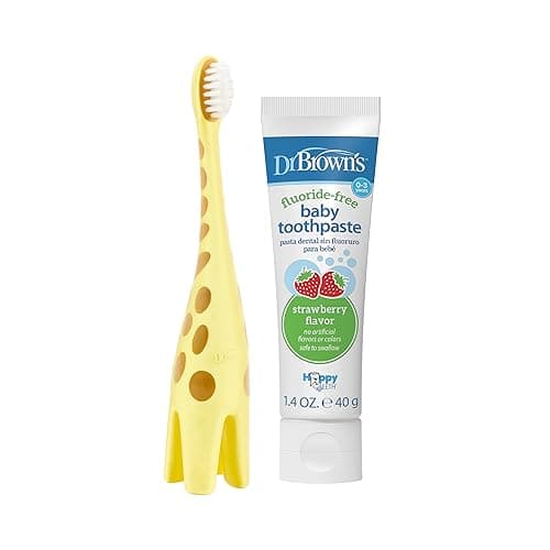 Dr. Brown’s™ Infant-to-Toddler Training Toothbrush Set, Giraffe with Fluoride-Free Strawberry Baby Toothpaste, 0-3 years