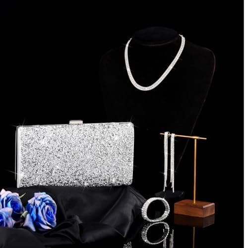 Kigeli 4 Pieces Women Rhinestone Evening Clutch Bag Bling Earring Necklace Bracelet for Wedding Graduation Prom(Silver) — view 3