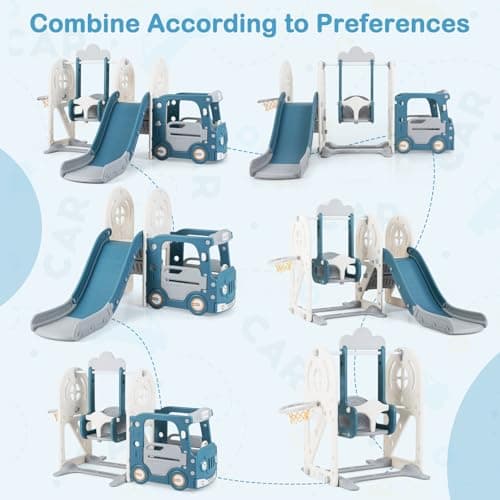 OLAKIDS Toddler Slide and Swing Set, 5 in 1 Bus Themed Baby Slide with Climber Basketball Hoop Car Playhouse for Indoor Outdoor Boys Girls Aged 3+ (Blue) — view 3
