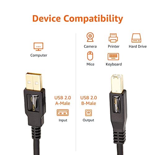 Amazon Basics USB-A to USB-B 2.0 Cable for Printer or External Hard Drive, Gold-Plated Connectors, Black, 10 Foot — view 2