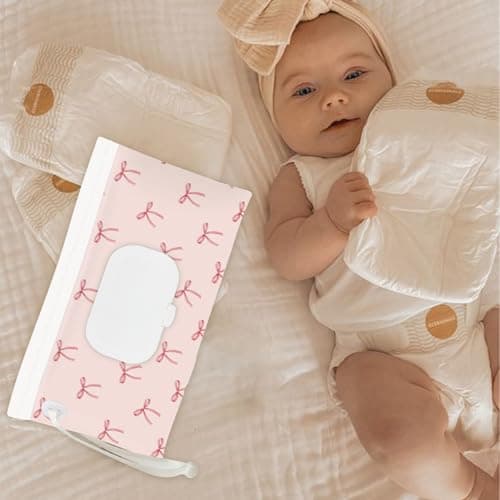 eoscasely Wipe Dispenser and Wipes Container, 2 Pack Reusable Wipes Holder and Travel Wipes Case, Refillable Pouch for Baby Essentials, blush& bow Design (Blush) — view 2
