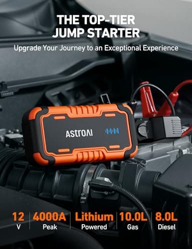 AstroAI P8 Booster Pack Jump Starter 4000A, 12V Portable Car Battery Booster for Up to 10L Gas or 8L Diesel Engines, with 10 Safety Protection, Jumper Cables, Power Pack, 3-in-1 LED Light,Orange