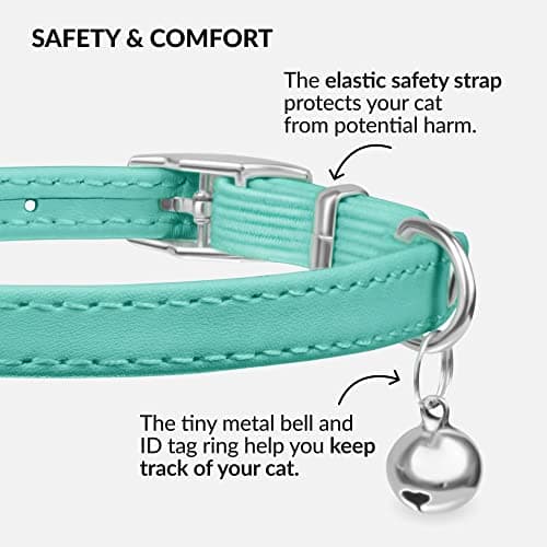 CollarDirect Leather Cat Collar with Bell - Kitten Collar, Small and Big Cat Collar for Boy Cats, Girl Cats with Safety Elastic Strap (Neck Fit 8"-11", Mint Green) — view 2