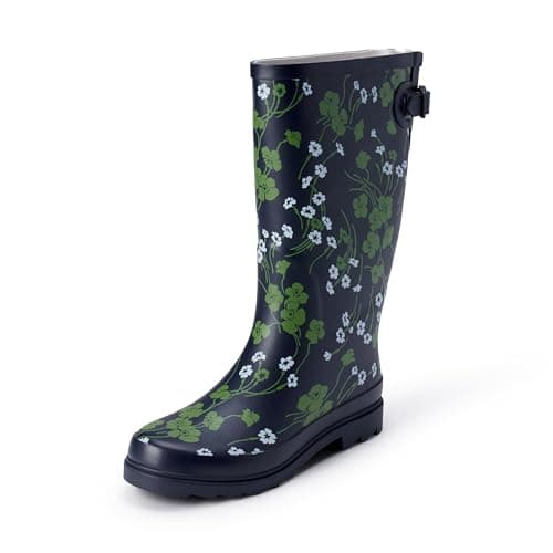 Amazon Essentials Women's Waterproof Tall Rain Boot with Adjustable Buckle, Navy Floral, 8