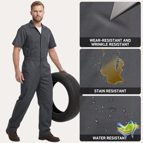 Coveralls for Men Short Sleeve, Cotton Blend Zipper Mechanic Jumpsuit Work with Multi Pockets Utilityl Uniform Fit