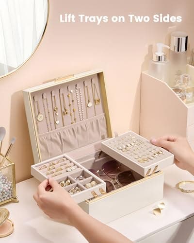 Lolalet Jewelry Box Organizer for Women Girls, 2 Layer Jewelry Organizers and Storage for Necklace Earrings Rings Bracelets, Large Jewellery Holder Case Birthday Gifts -Cream