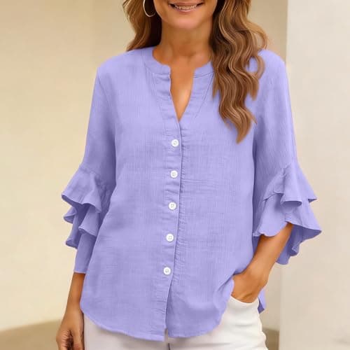 3/4 Ruffle Sleeve Cotton Linen Shirts for Women Dressy V Neck Beach Tunic Tops Elegant Summer Casual Work Blouses Purple — view 2