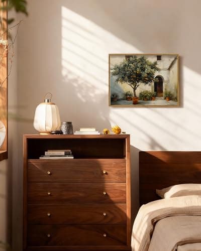 ARPEOTCY Vintage Framed Canvas Wall Art, Courtyard Orange Tree