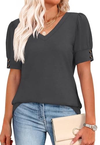 isermeo Womens Tops Dressy Casual Blouses Short Sleeve Shirts Plus Size Fashion Summer Outfits Dark Grey XL — view 2
