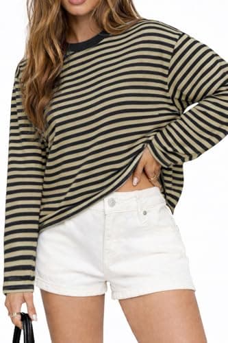 CHYRII Women Oversized Striped Long Sleeve T Shirts Fashion Casual Fall Spring 2026 Tops Y2K Clothes (Dark Grey+Beige S)