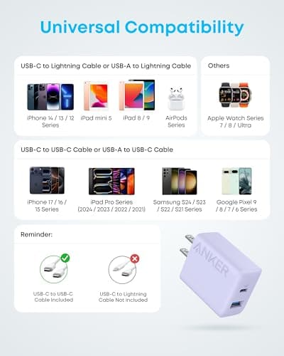 Anker iPhone Charger, 2-Pack 20W Fast USB C Charger Block, Type C Charger Fast Charging for iPhone 17/17 Pro Max/16 Series/iPad Pro and More (Purple, 2 Pack & 2 Cable) — view 5