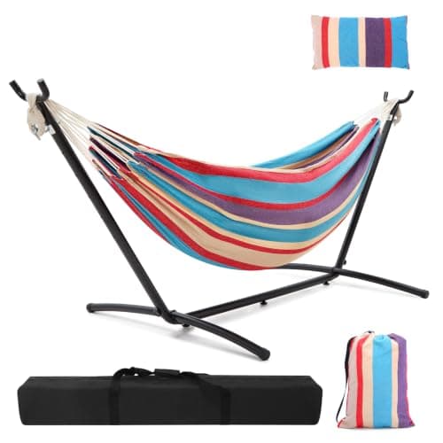 Hammock with Stand, Ohuhu Double Hammock with Space Saving Steel Stand & Pillow 2 Person Hammocks with Portable Carrying Bag for Camping Garden Patio Indoor Use Gift for Birthday, Tropical