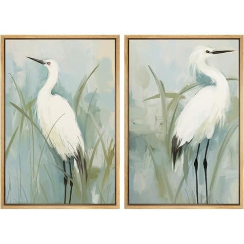 MUDECOR Framed Canvas Print Wall ArtWhite Heron Pair in Marsh Coastal Illustrations Modern Art Decorative Bohemian Colorful for Living Room, Bedroom, Office - 24"x36"x2 Natural