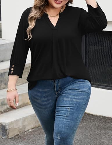 TFSDOD Womens Plus Size Tops 3/4 Length Sleeve Womens Tops V Neck Blouses Pleated Tunic Plus Size Fashion (Black XXL) — view 4