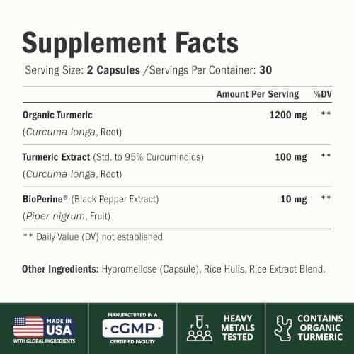 Turmeric Curcumin Supplement – 1200mg Organic Turmeric Curcumin with Black Pepper Extract for Max Absorption – Digestive & Joint Supplements for Men & Women w. Tumeric Extract & Bioperine – 60 Caps