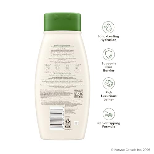 Aveeno Daily Moisturizing Body Wash with Cocoa Butter Vanilla Scent & Soothing Prebiotic Oat, Provides Long-Lasting Hydration for Sensitive Skin, Hypoallergenic, Paraben-Free, 532 mL — view 8