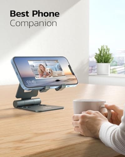 Nulaxy Dual Folding Cell Phone Stand, Fully Adjustable Foldable Desktop Phone Holder Cradle Dock Compatible with iPhone 17 16 15 14 13 12 11 Pro Max Xs Xr X 8, Nintendo Switch, All Phones - Gray — view 5