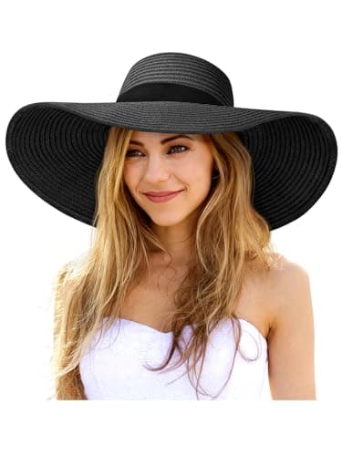 Senker Fashion Sun Hats for Women Oversize Wide Brim Straw Beach Hat Floppy Foldable Roll-Up Summer Vacation UPF 50+ Black