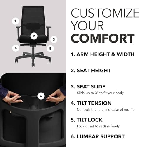 HON Ignition 2.0 Mid‑Back Ergonomic Office Chair, Mesh Task Seating with Lumbar Support, Advanced Synchro‑Tilt, Height and Width Adjustable Arms, Black Frame, Black — view 3