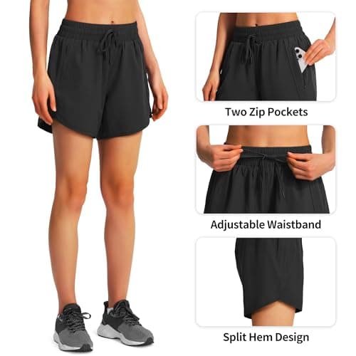 Ksmien Women's 5"/ 7" Athletic Running Shorts Quick Dry Lightweight Workout Gym Shorts with Zipper Pockets UPF 50+ Black L — view 4