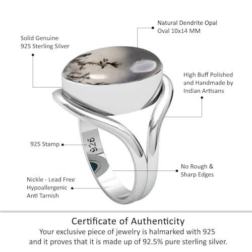 JEWELOPORIUM Gray Dendrite Opal Silver Ring Size 9, 925 Sterling Silver Ring for Women, Real Oval Gemstone Handmade Jewelry — view 3