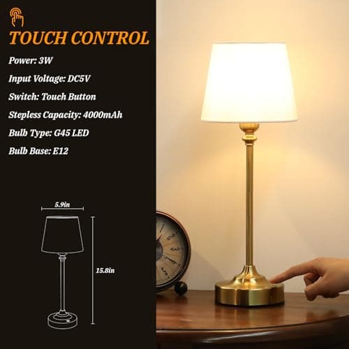 Cordless Table Lamp Rechargeable Gold - 1 Pack Brass 4000mAH Battery Operated Lamp for Decor, 3000K Stepless Dimming Touch Control Wireless Lamp for Bedroom, Dining Table, Counter, Living Room — view 5