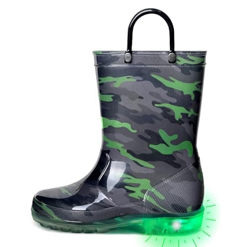 OUTEE Toddler Boys Rain Boots Little Kids Baby Light Up Waterproof Rubber Shoes Printed Mud Lightweight Adorable with Easy-On Handles Non Slip Sole Black Green Camo Size 8