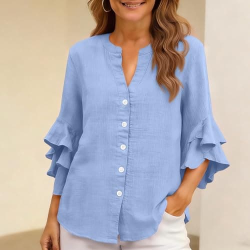 3/4 Ruffle Sleeve Cotton Linen Shirts for Women Dressy V Neck Beach Tunic Tops Elegant Summer Casual Work Blouses Light Blue — view 2