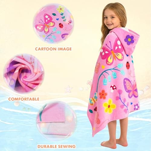 Pinksheep Hooded Bath Towel for Girls Age 3-10,100% Cotton Butterfly Toddler Towel with Snap Buttons,Super Soft and Absorbent Kids Beach & Swim Towel 30x50 Inches — view 4
