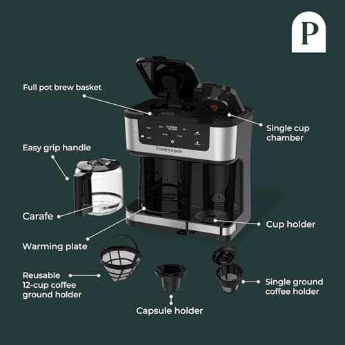 Pantrymade Dual Brew Coffee Maker | 12 Cup Glass Carafe & Single Serve K-Cup Combo | Programmable Touchscreen Coffee Machine for Ground Coffee or Pods | Auto Shut-Off, Black — view 3