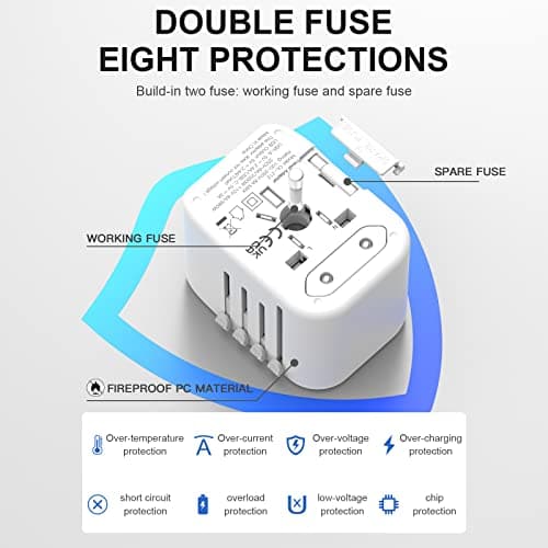 VYLEE Universal International Power Travel Plug Adapter, 5 in 1 European Travel Plug Adapter W/ 3.5A 2xUSB-A and 2xUSB C Wall Charger and Worldwide AC Outlet for Europe USA UK AUS Asia (White) — view 5